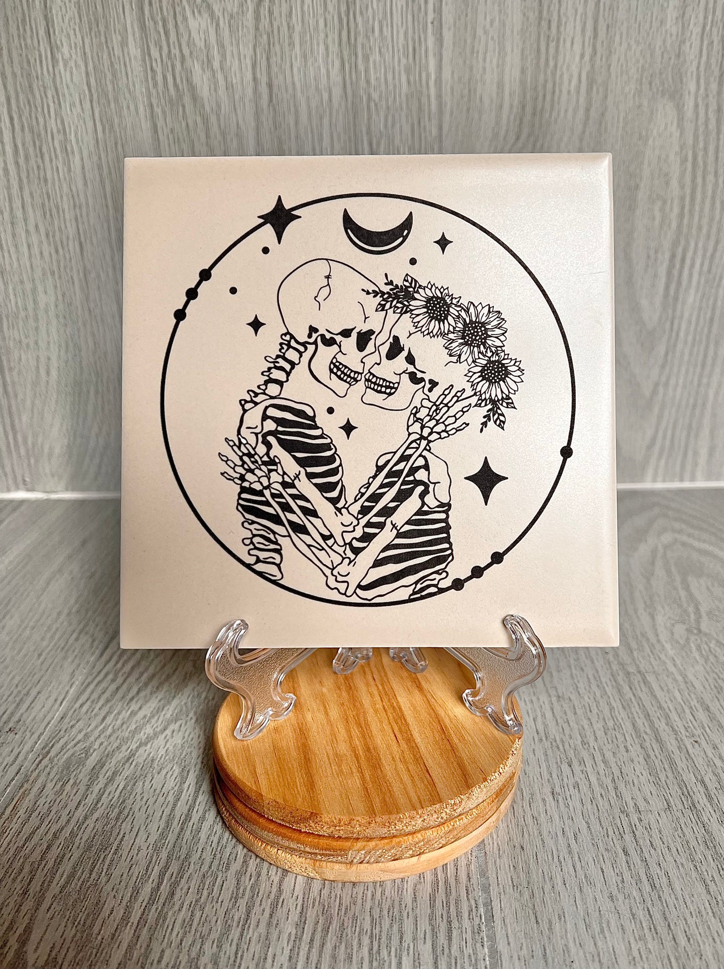 Engraved Ceramic Tile {Skeleton Lovers}